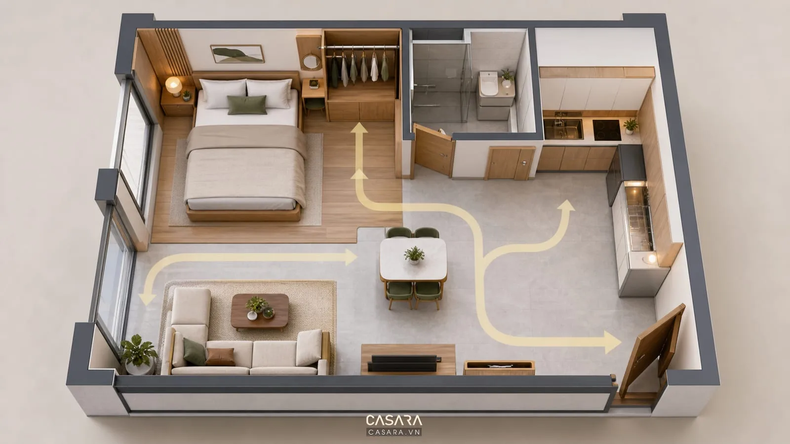 mặt bằng thiết kế chung cư 36m2 với giường sofa bếp và tủ áo
