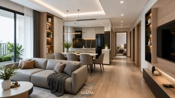 Phòng khách, bàn ăn và bếp liên thông trong căn hộ 3 phòng ngủ