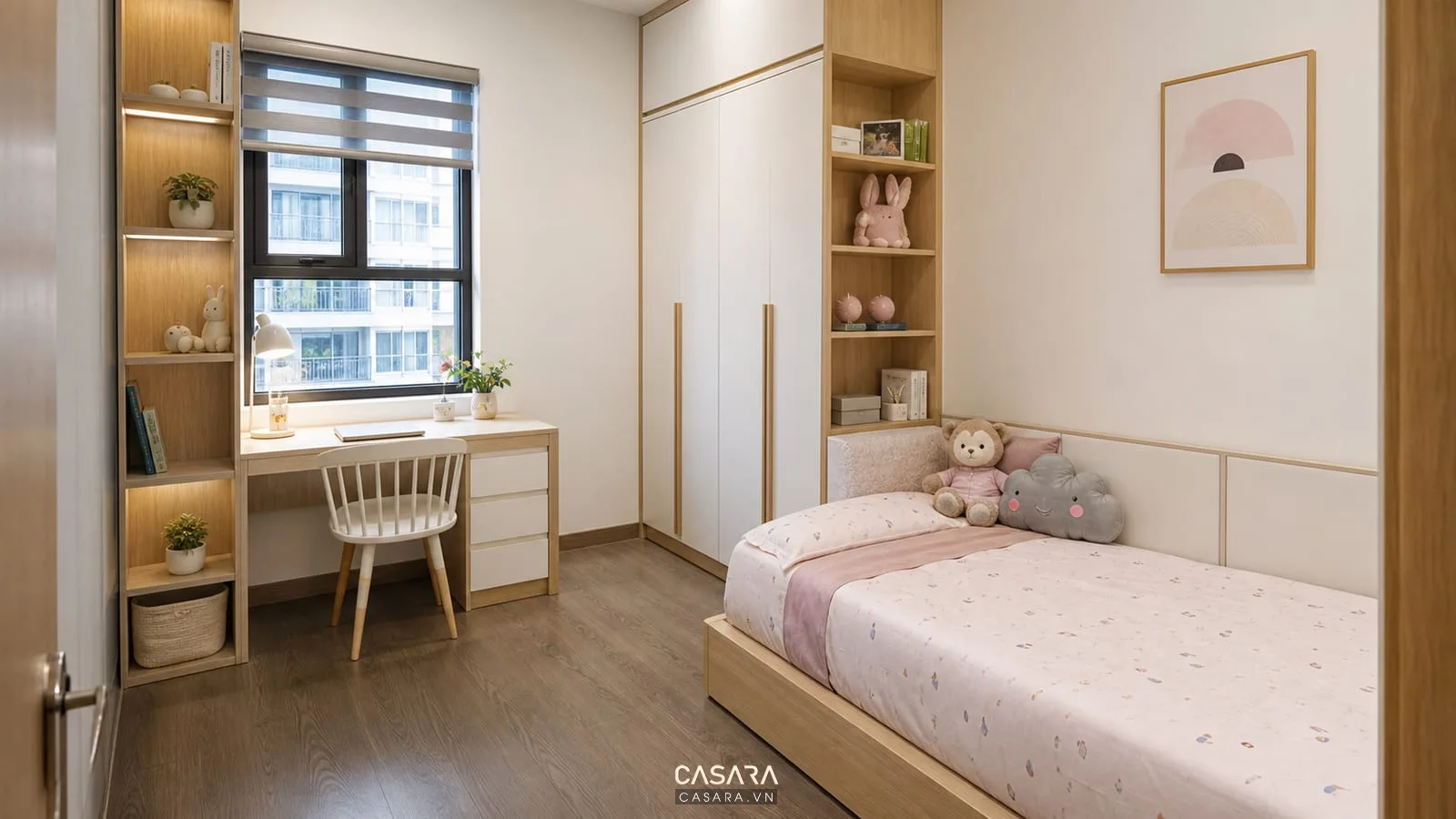 Phòng ngủ trẻ em chung cư 3pn với giường đơn, bàn học và tủ áo gọn