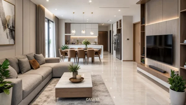 Phòng khách liền bếp với sofa chữ L, bàn ăn và kệ tivi trong căn hộ hiện đại
