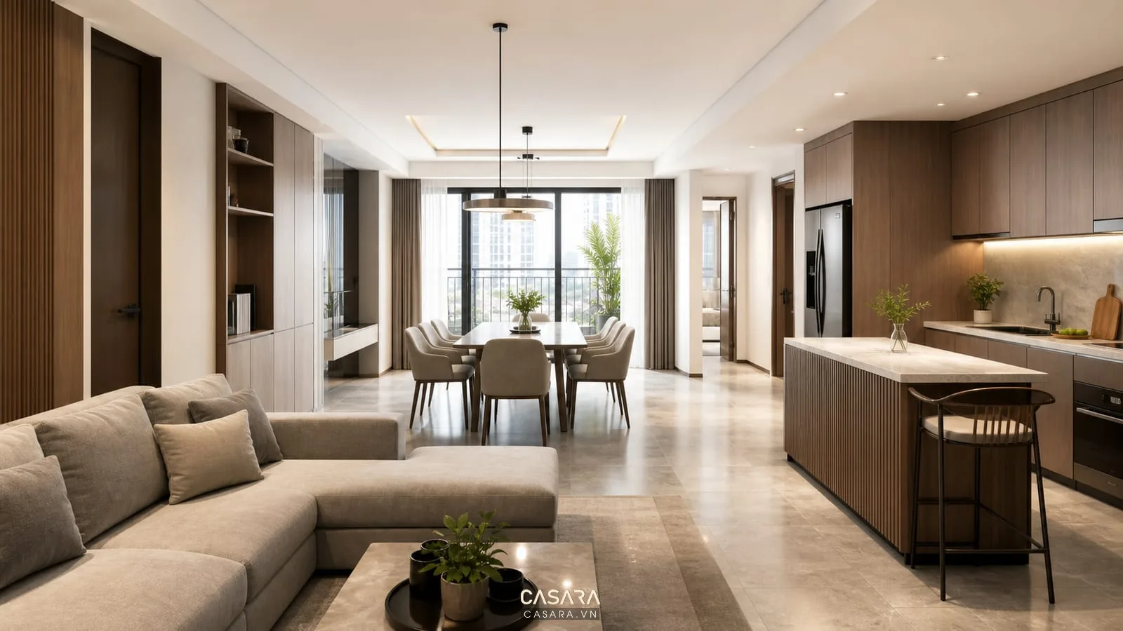 phòng khách bếp ăn trong thiết kế chung cư 4 phòng ngủ với sofa bàn ăn sáu ghế tủ bếp chữ L và ban công sáng