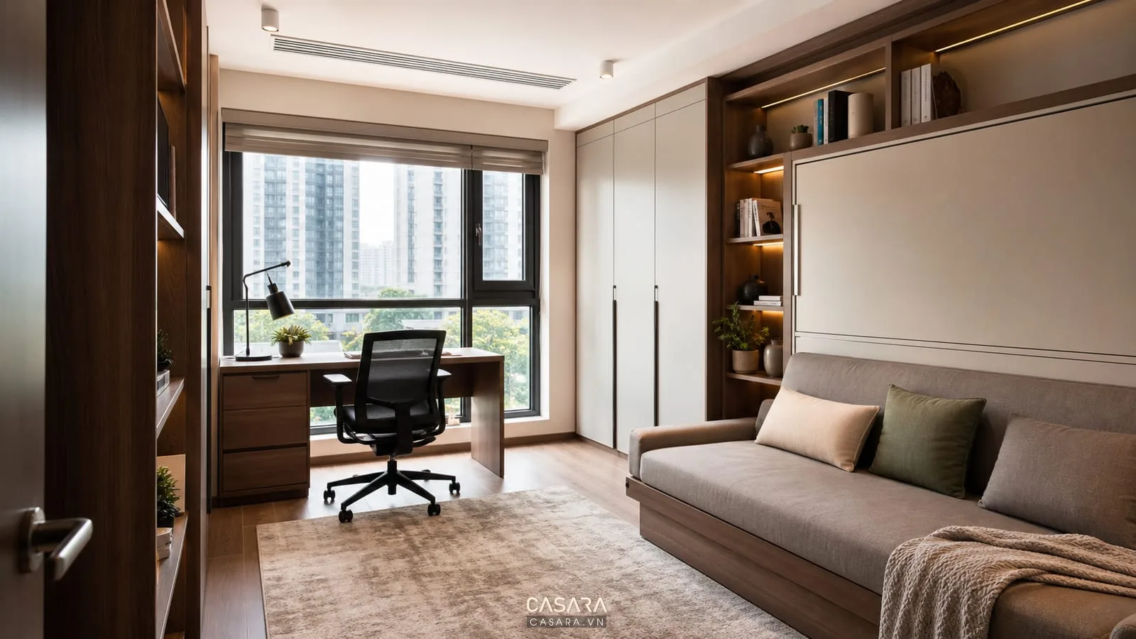 phòng làm việc đa năng trong thiết kế chung cư 4 phòng ngủ có bàn cạnh cửa sổ sofa bed tủ tài liệu và kệ sách