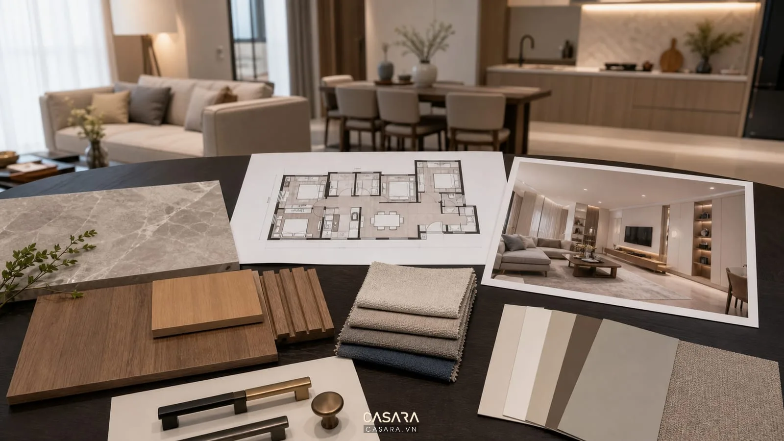 bảng vật liệu cho thiết kế chung cư 4 phòng ngủ gồm gỗ đá vải sofa tay nắm sơn tường bản vẽ và phối cảnh nội thất