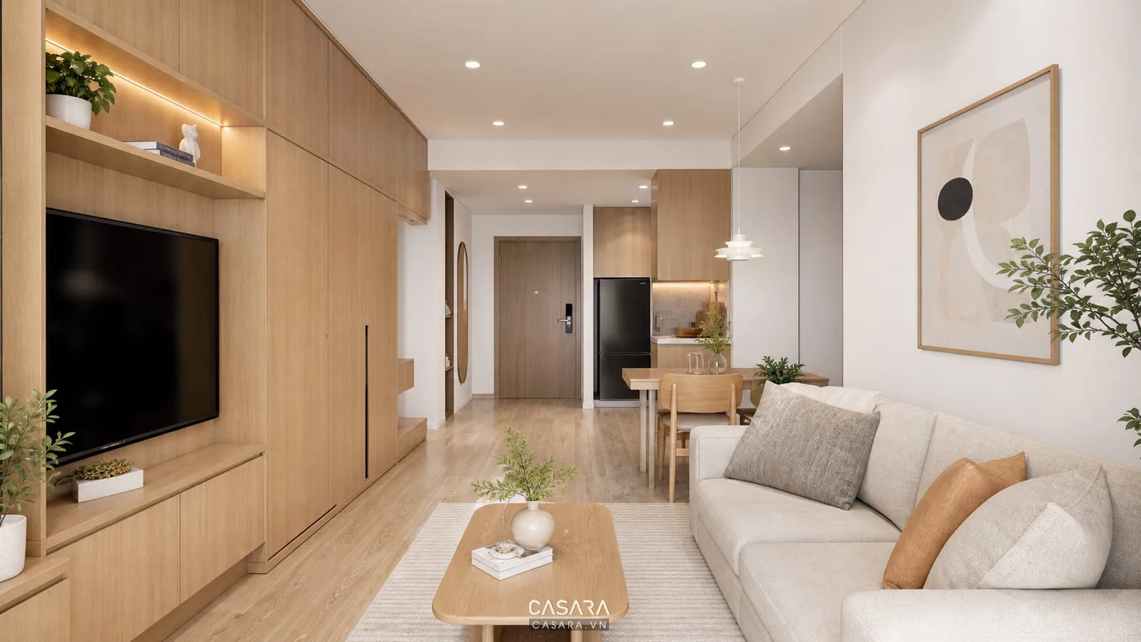 Căn hộ 40m2 dùng gỗ sáng tủ âm tường và sofa trung tính trong thiết kế nội thất