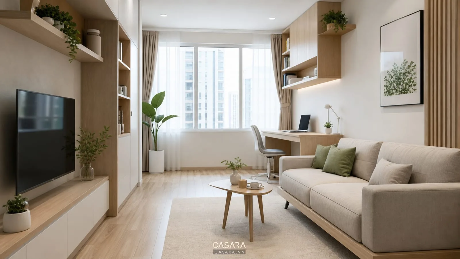 Góc làm việc cạnh cửa sổ trong thiết kế chung cư 40m2 với bàn nhỏ và tủ lưu trữ