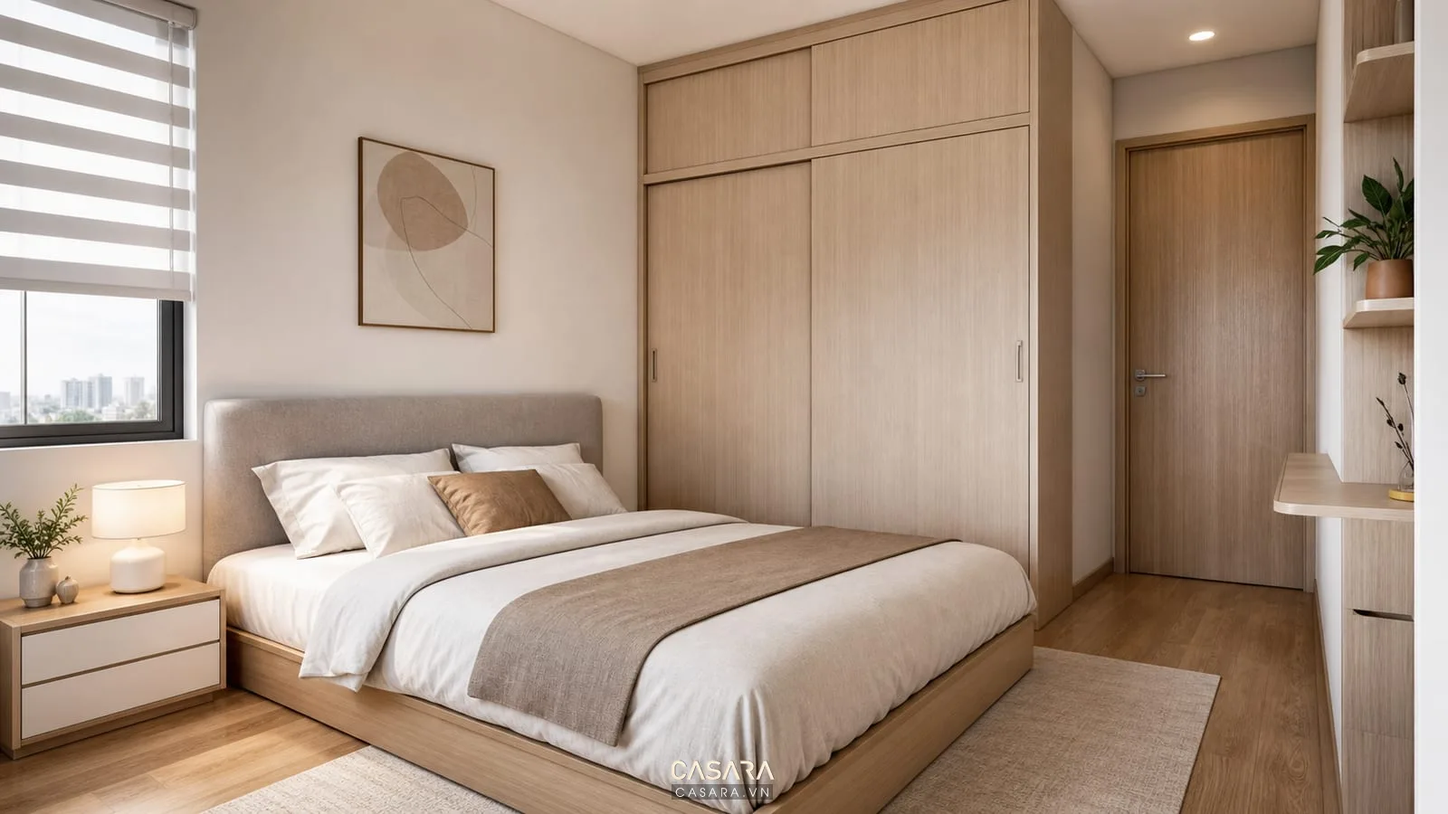 Phòng ngủ chính trong thiết kế chung cư 40m2 với giường đôi và tủ cánh lùa