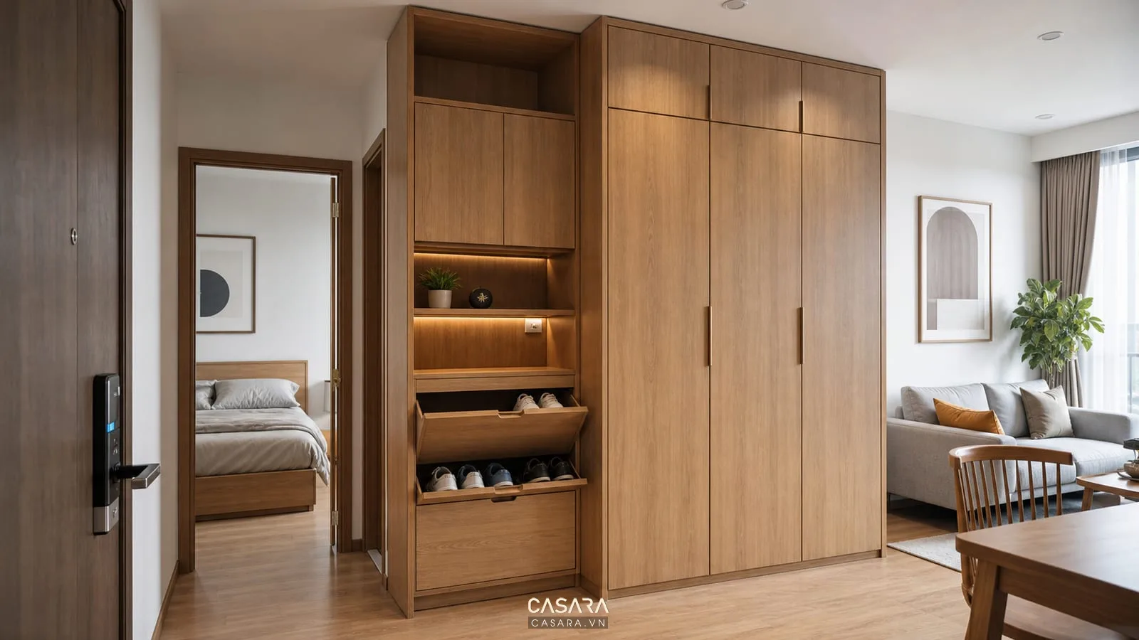 Tủ lưu trữ âm tường trong thiết kế căn hộ chung cư 40m2 hai phòng ngủ
