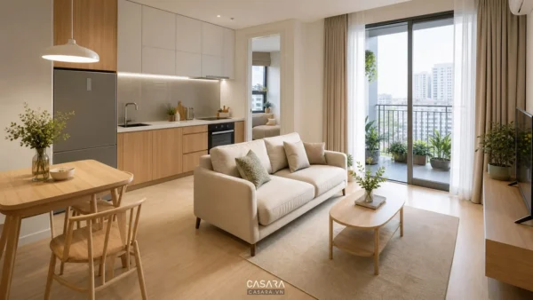 Phòng khách liền bếp sáng thoáng với sofa nhỏ, bàn ăn gỗ và ban công kính