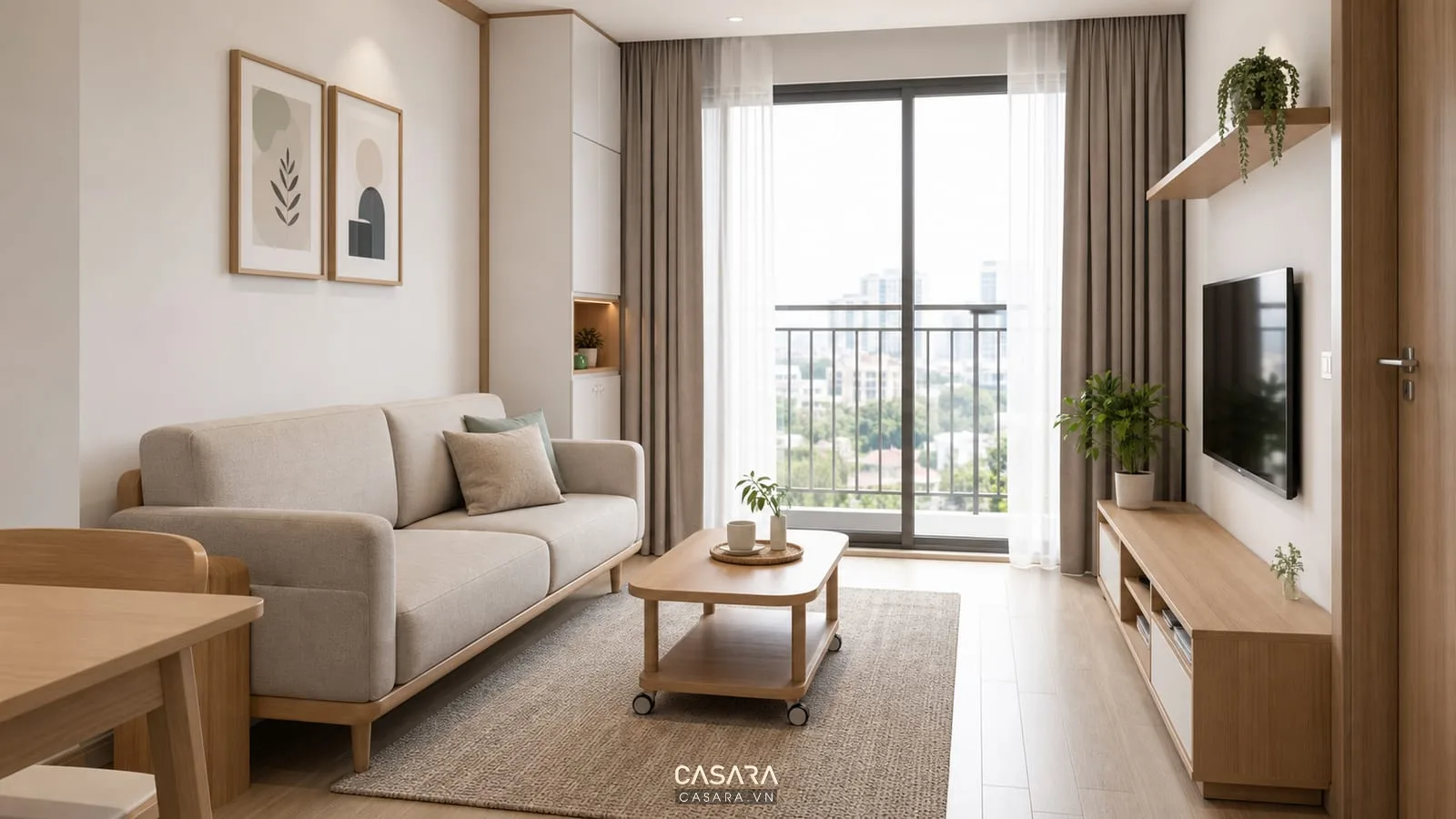 Phòng khách chung cư 42m2 hiện đại có sofa sáng tủ tivi gỗ và bàn trà nhỏ