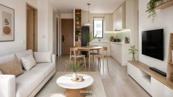 Phòng khách liền bếp sáng gọn với sofa, bàn ăn và bếp chữ L