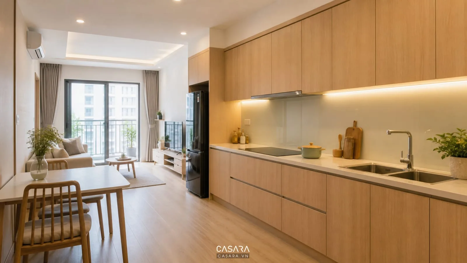 bếp căn hộ chung cư 48m2 với tủ phẳng và bàn ăn nhỏ