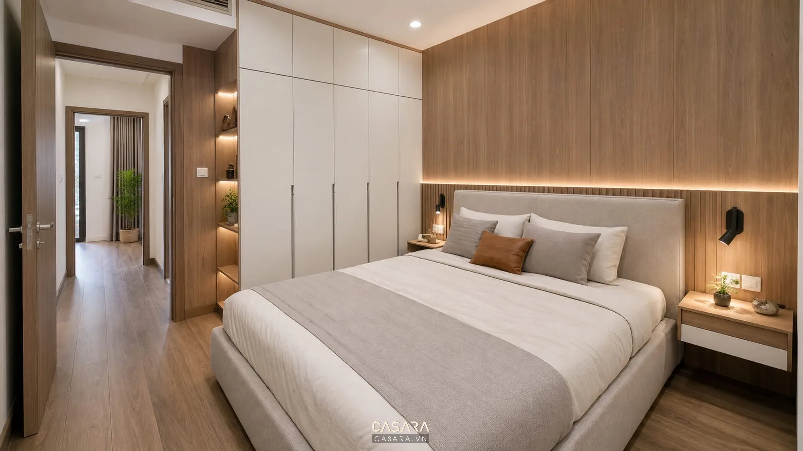 phòng ngủ căn hộ chung cư 48m2 với giường và tủ áo kịch trần