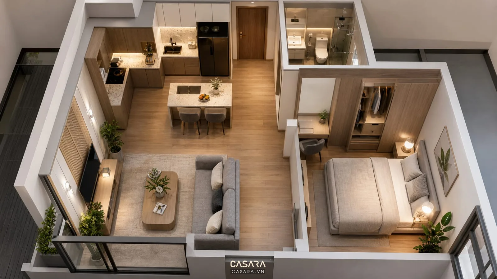 Thiết kế chung cư 50m2 với mặt bằng căn hộ một phòng ngủ có phòng khách liền bếp và phòng ngủ bố trí gọn