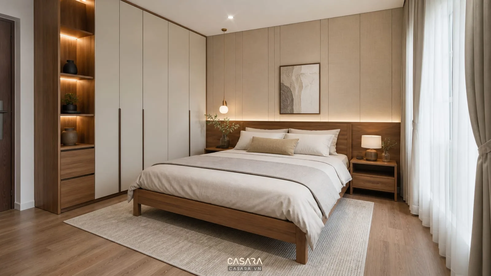 Phòng ngủ thiết kế chung cư 50m2 có giường gỗ, tủ áo cánh phẳng, rèm sáng và lối đi quanh giường