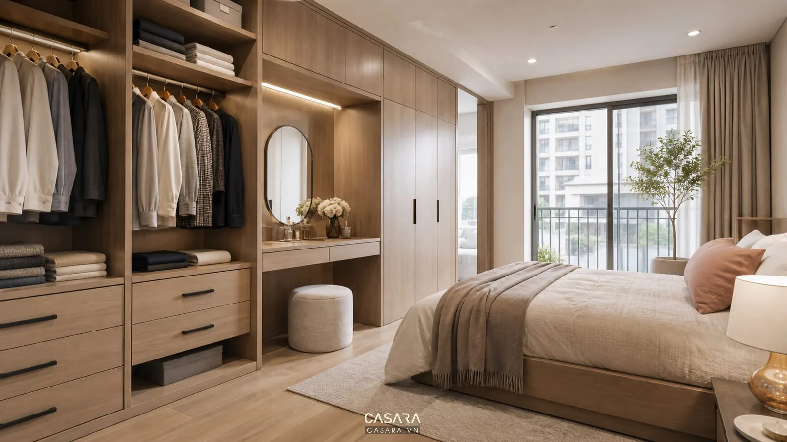 Hệ tủ áo phòng ngủ thiết kế chung cư 50m2 có cánh phẳng, khoang treo, ngăn gấp, bàn nhỏ và giường gọn