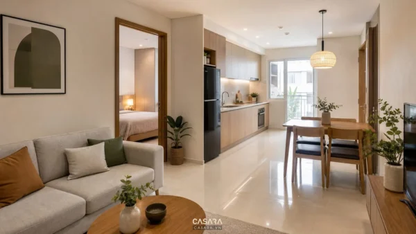 Phòng khách liền bếp có sofa nhỏ, bàn ăn gỗ và tủ bếp chữ I sáng màu