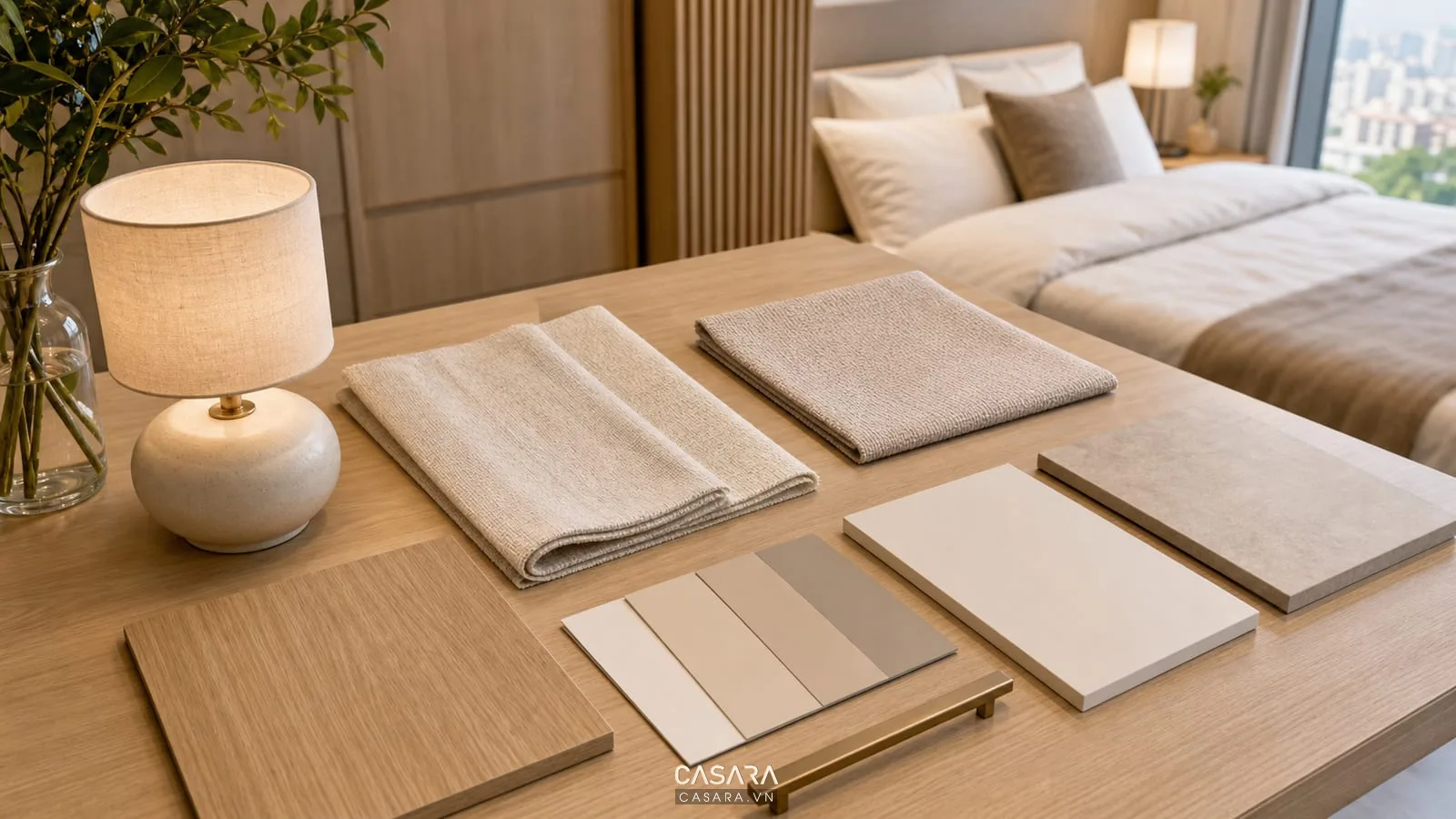 Bảng vật liệu phòng ngủ thiết kế chung cư 50m2 có gỗ sáng, vải rèm, vải đầu giường, màu sơn ấm và đèn ngủ