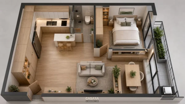 Mặt bằng 3D căn hộ 50m2 có phòng khách bếp mở, phòng ngủ riêng và ban công