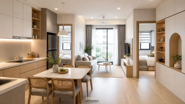 Thiết kế chung cư 50m2 2 phòng ngủ với phòng khách liền bếp bàn ăn gọn sofa sáng màu và tủ lưu trữ âm tường