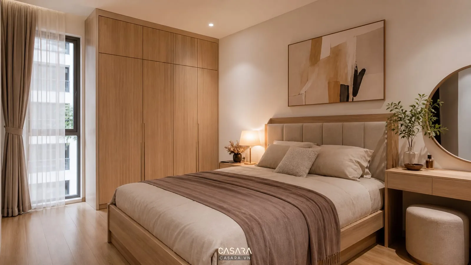Phòng ngủ chính chung cư 50m2 2 phòng ngủ với giường đôi gỗ sáng tủ áo kịch trần bàn trang điểm nhỏ và rèm hai lớp