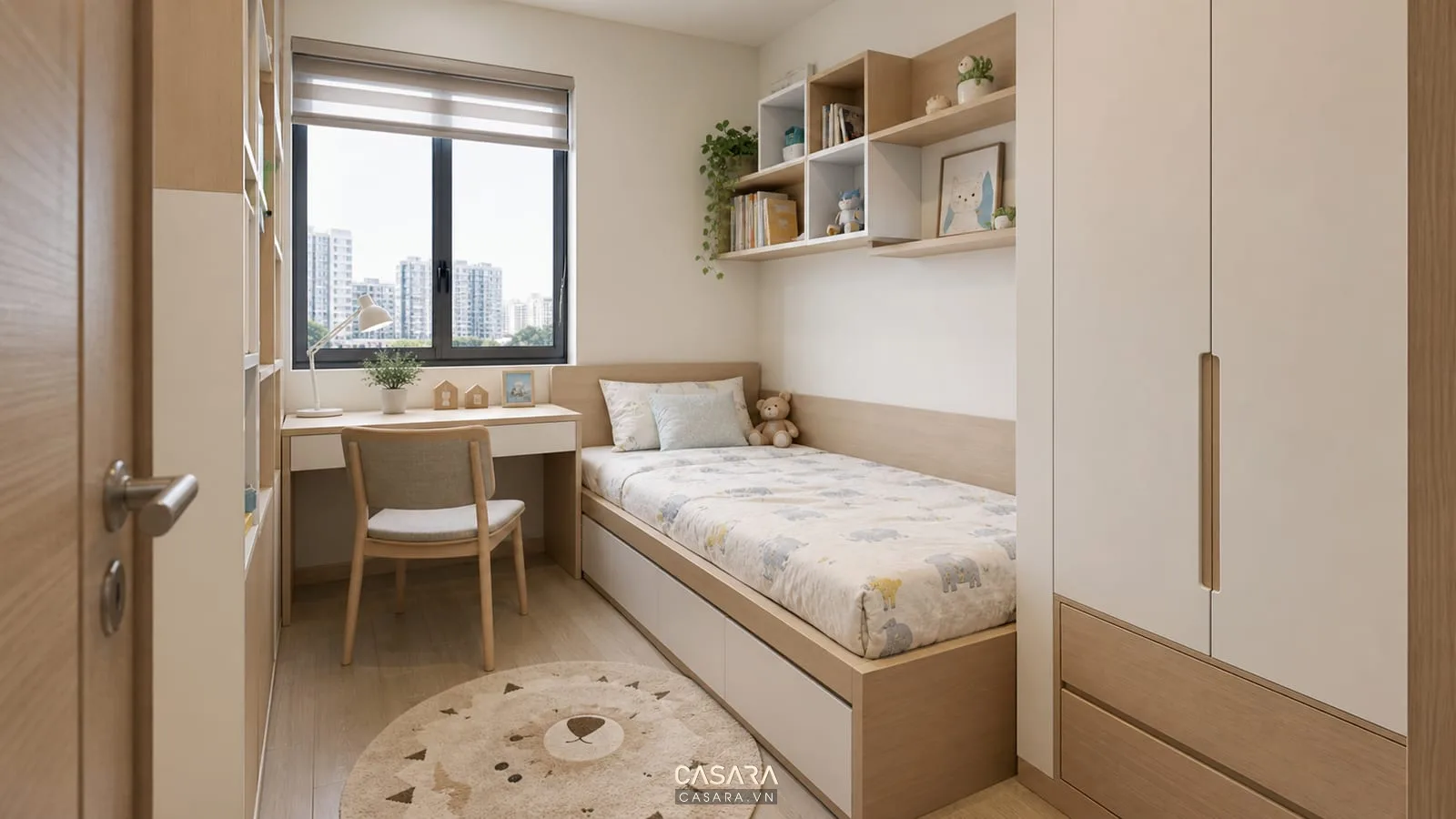 Phòng ngủ phụ chung cư 50m2 2 phòng ngủ với giường đơn có hộc kéo bàn học nhỏ tủ áo sáng màu và kệ sách treo tường