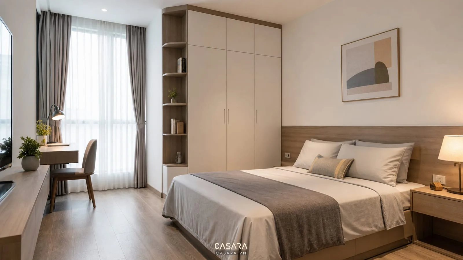 phòng ngủ trong thiết kế chung cư 52m2 có tủ áo và bàn làm việc