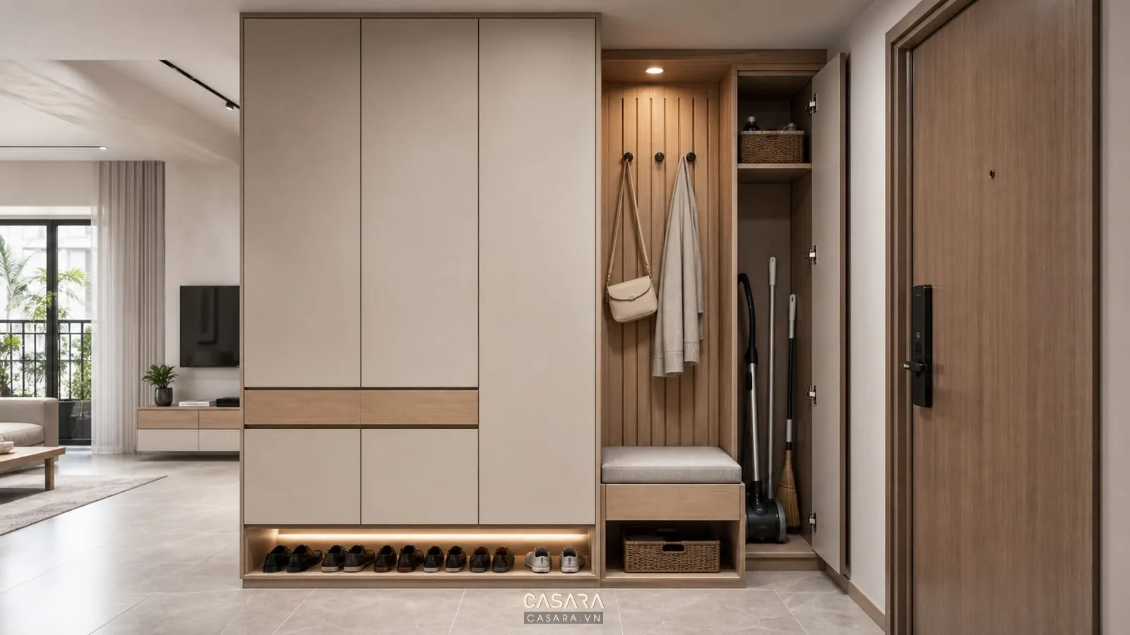 tủ giày và tủ lưu trữ trong thiết kế chung cư 52m2