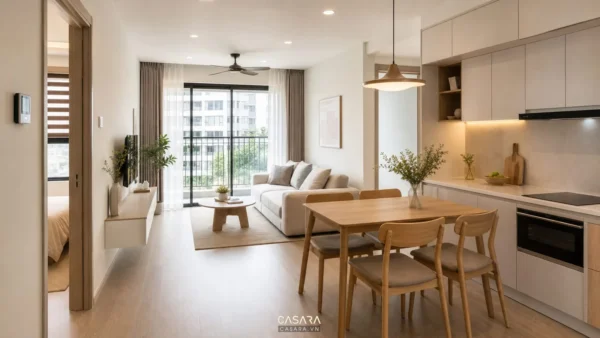 Phòng khách bếp mở trong căn hộ 54m2 với sofa sáng màu, bàn ăn bốn ghế và cửa kính lớn