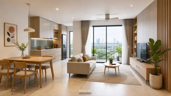 Thiết kế chung cư 55m2 phòng khách liền bếp sáng thoáng với sofa nhỏ và bàn ăn 4 ghế