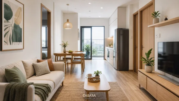 Phòng khách căn hộ nhỏ với sofa, bàn trà, bàn ăn, bếp mở và cửa ban công sáng