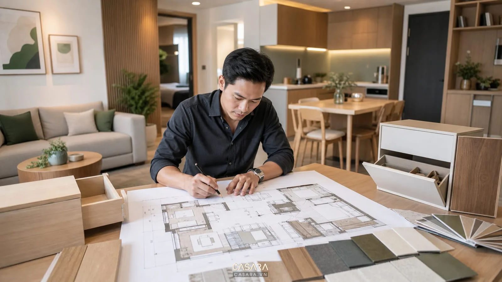 Mặt bằng thiết kế chung cư 57m2 với phòng khách bếp bàn ăn phòng ngủ tủ giày và hệ tủ nội thất