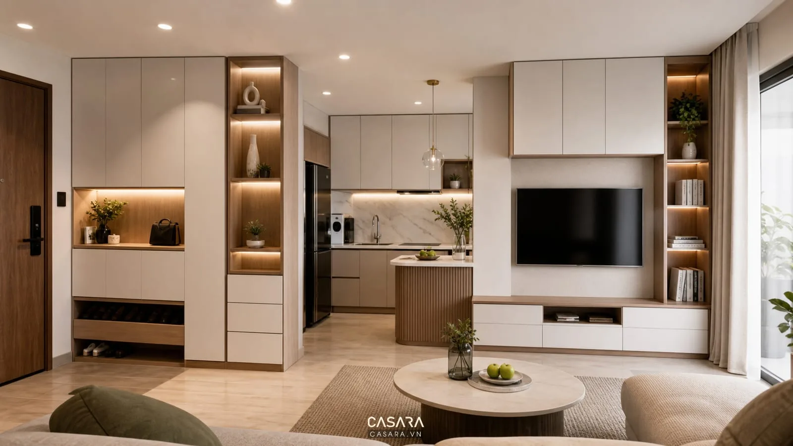 Thiết kế chung cư 57m2 với hệ tủ lưu trữ tủ giày kệ tivi tủ bếp và phòng khách gọn gàng