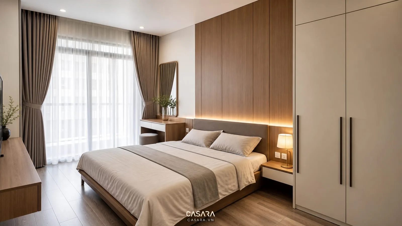 Phòng ngủ trong thiết kế chung cư 57m2 với giường đôi tủ áo kịch trần bàn trang điểm rèm hai lớp và ổ cắm đầu giường