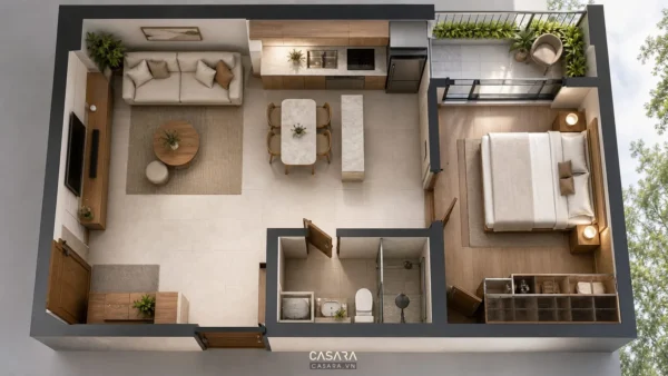 Mặt bằng căn hộ 60m2 với phòng khách, bếp ăn, phòng ngủ, nhà tắm và ban công
