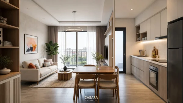 Phòng khách liền bếp trong căn hộ 60m2 với sofa sáng màu, bàn ăn gỗ và bếp chữ I gọn gàng