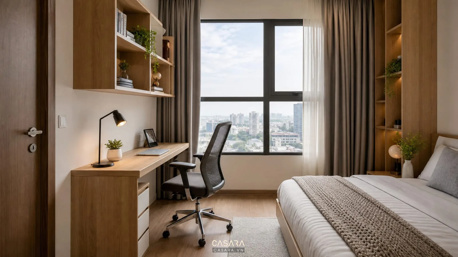 Góc làm việc nhỏ trong thiết kế chung cư 60m2 cạnh cửa sổ phòng ngủ