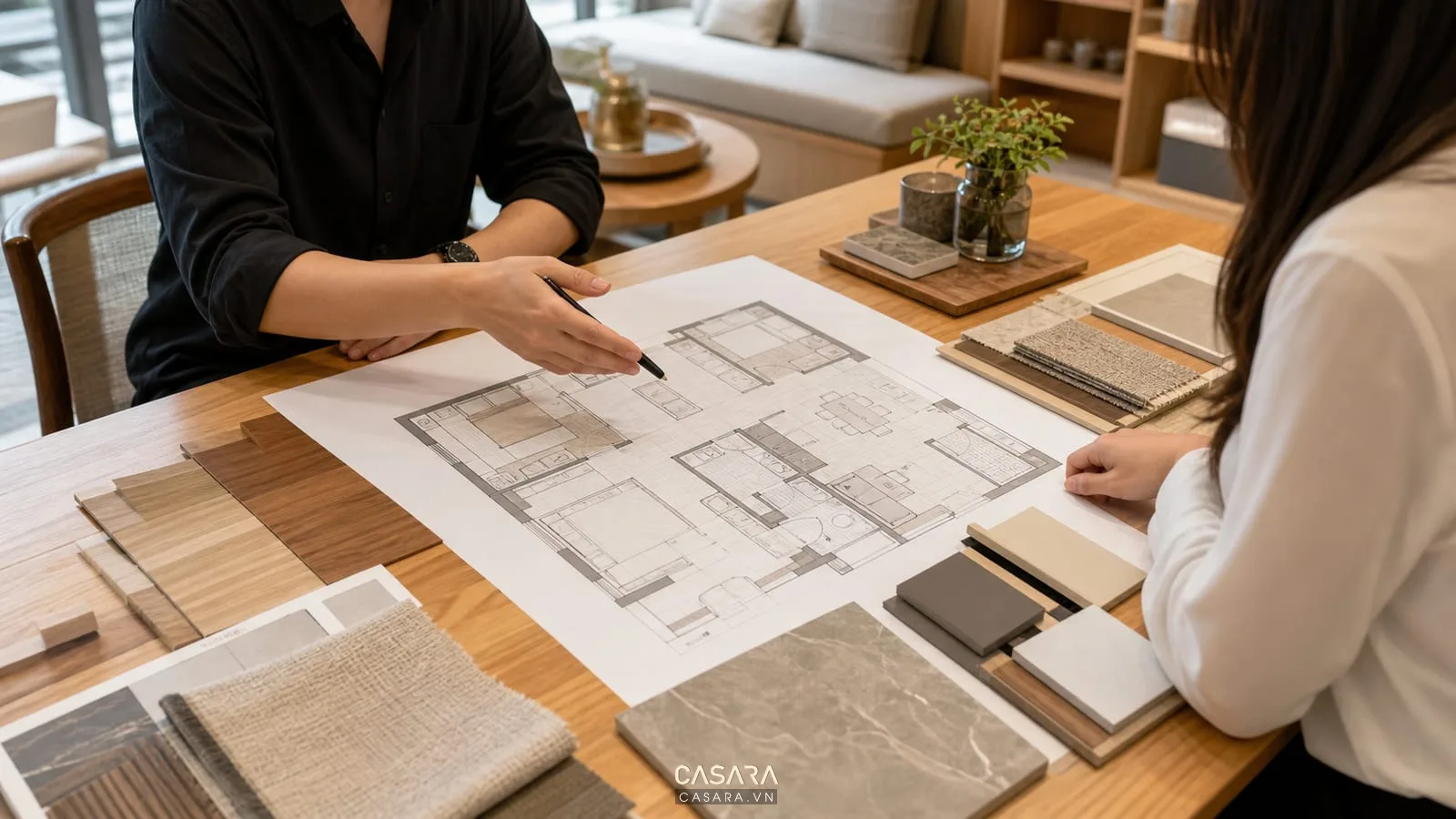 Tư vấn thiết kế chung cư 60m2 với bản vẽ mặt bằng và mẫu vật liệu nội thất