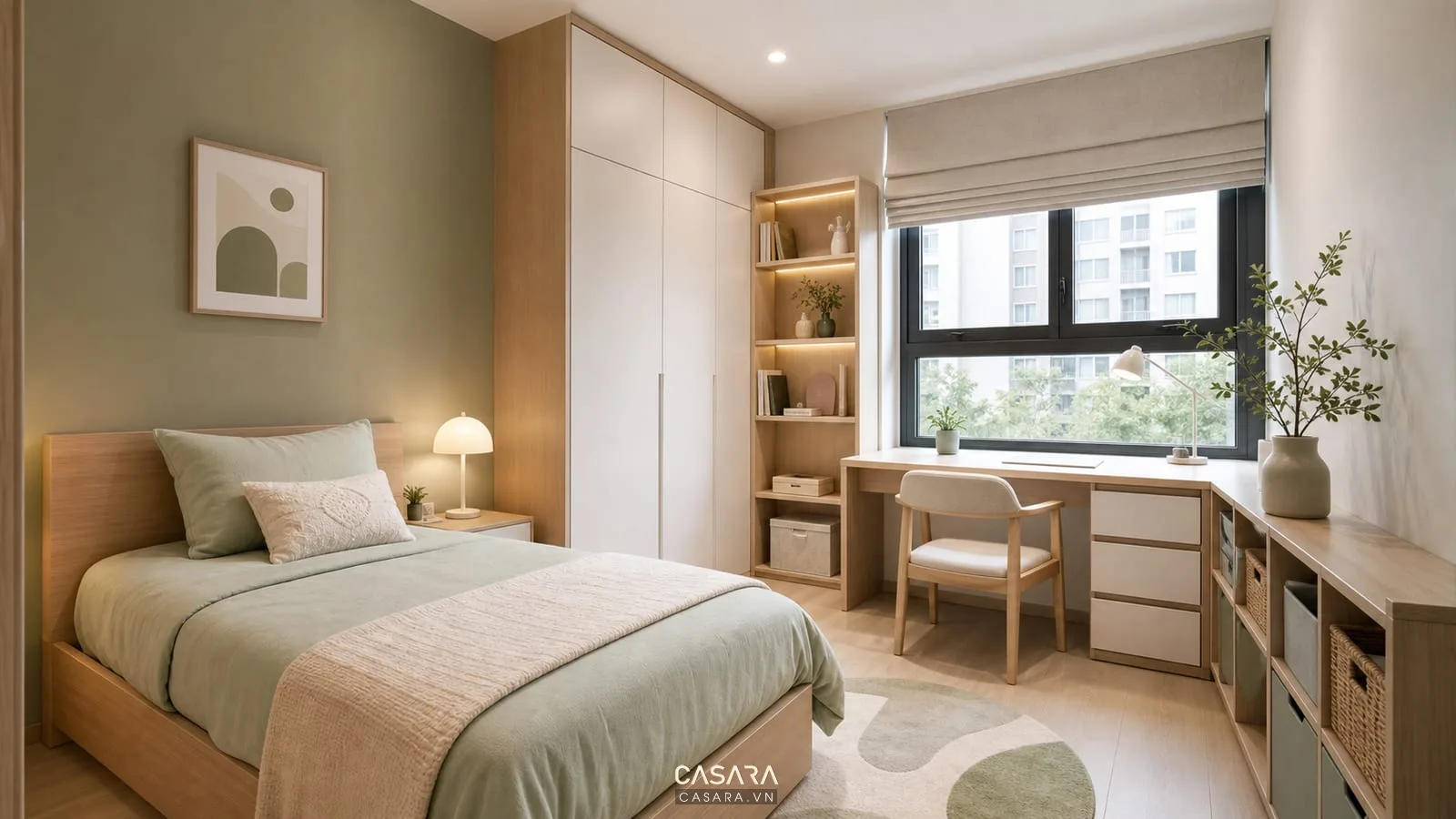 Phòng ngủ phụ căn hộ chung cư 60m2 với giường đơn và bàn học cạnh cửa sổ