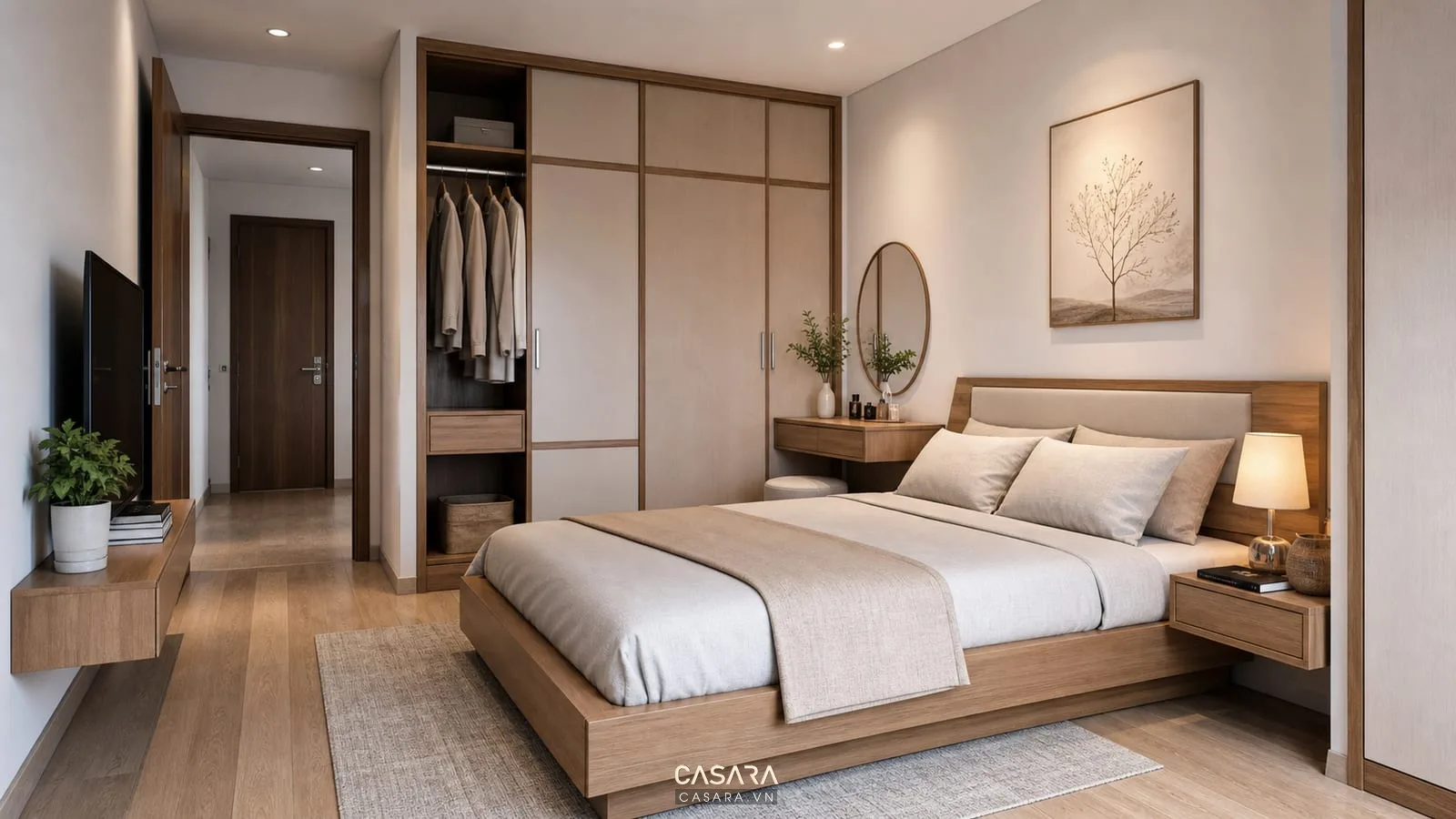 Phòng ngủ chung cư 62m2 có giường đôi và tủ áo cánh lùa