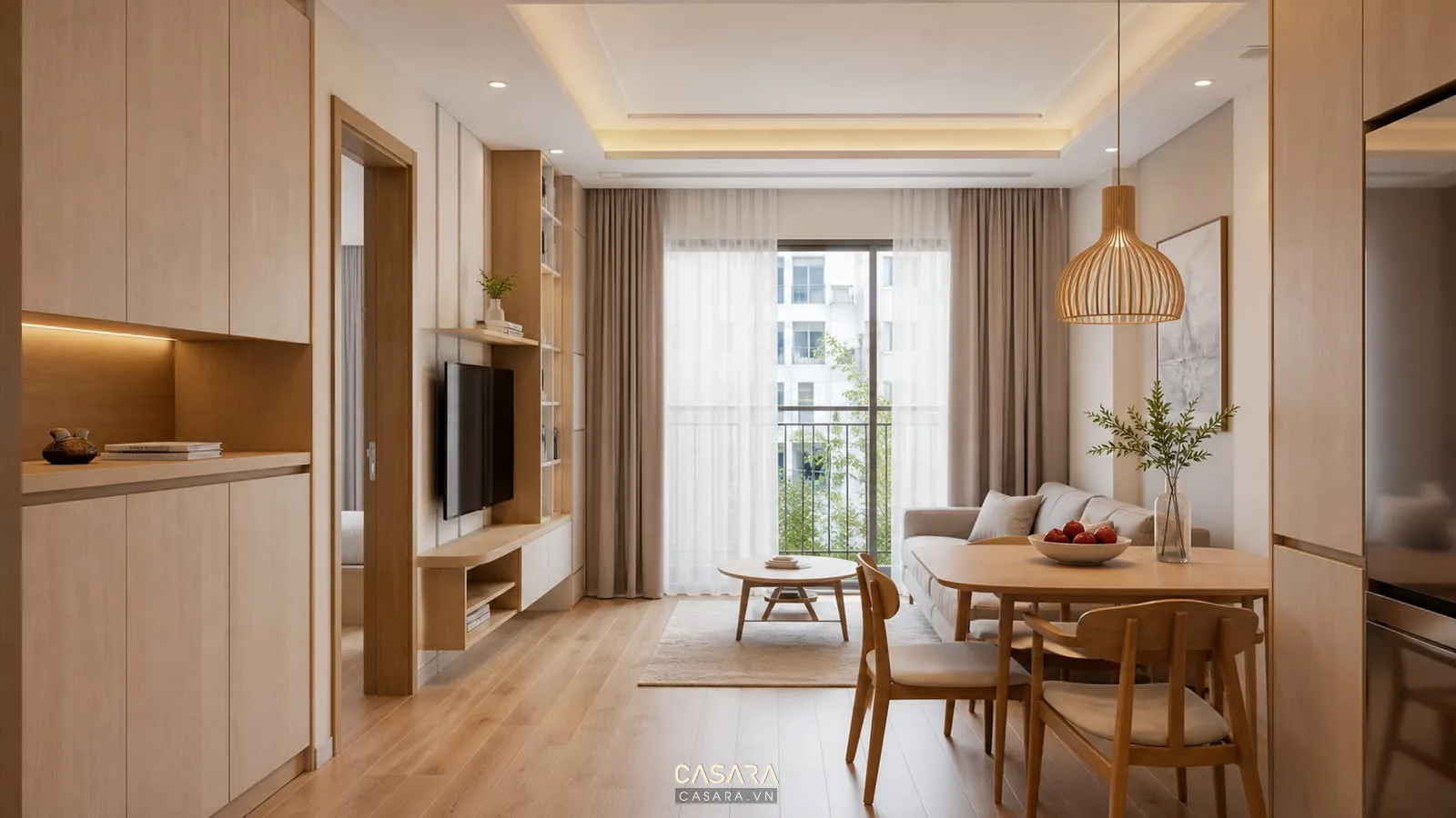 Chung cư 62m2 tông gỗ sáng với tủ âm tường và ánh sáng tự nhiên