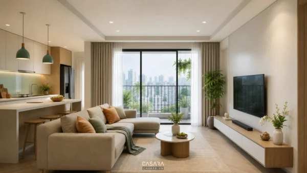 Phòng khách chung cư có sofa chữ L, bếp mở và cửa kính lớn đón sáng