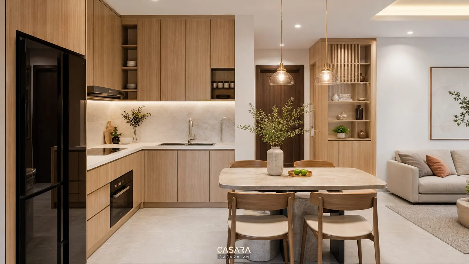bếp và bàn ăn trong thiết kế chung cư 64m2 hiện đại