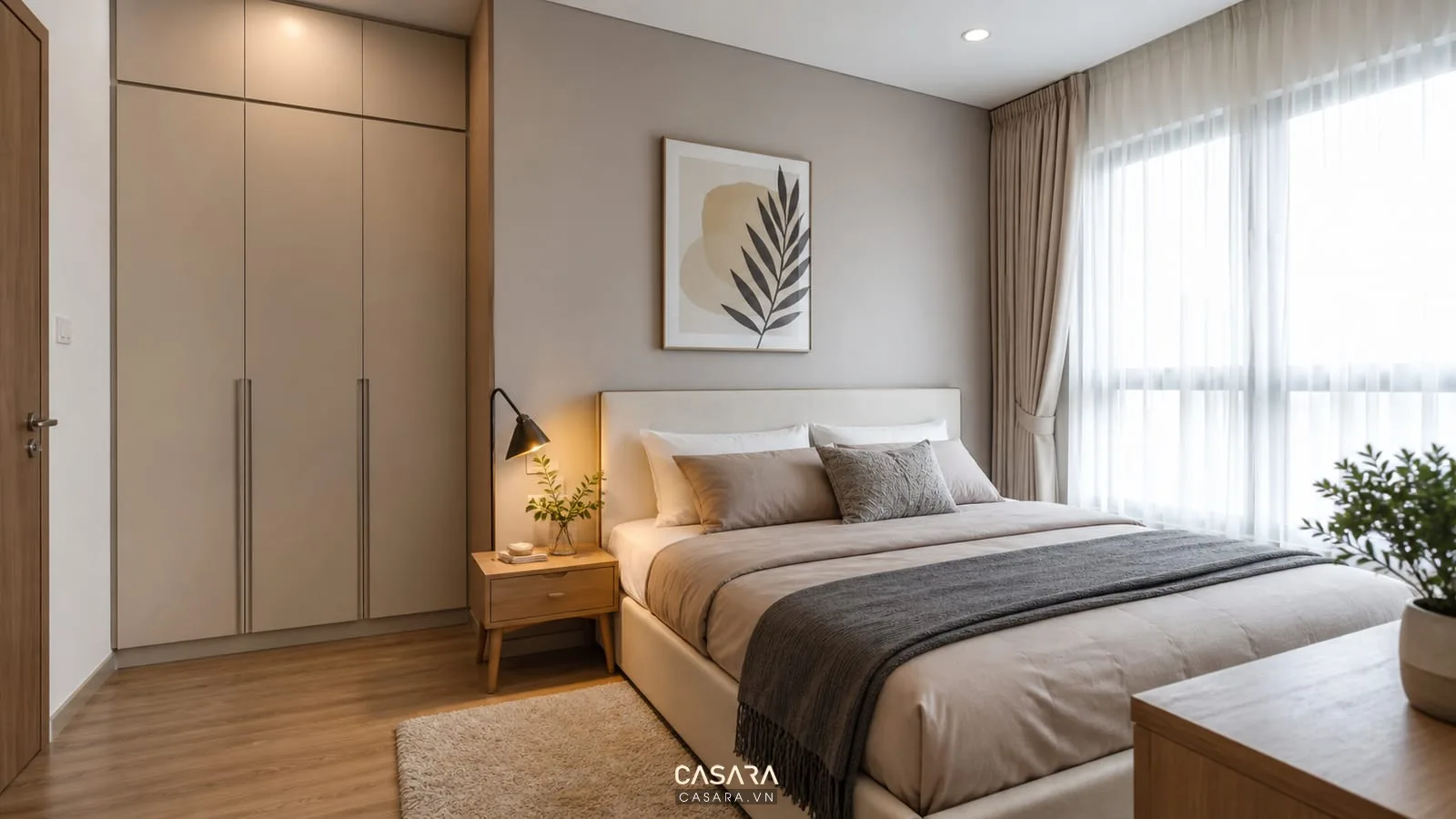 phòng ngủ trong thiết kế chung cư 64m2 có tủ áo gọn
