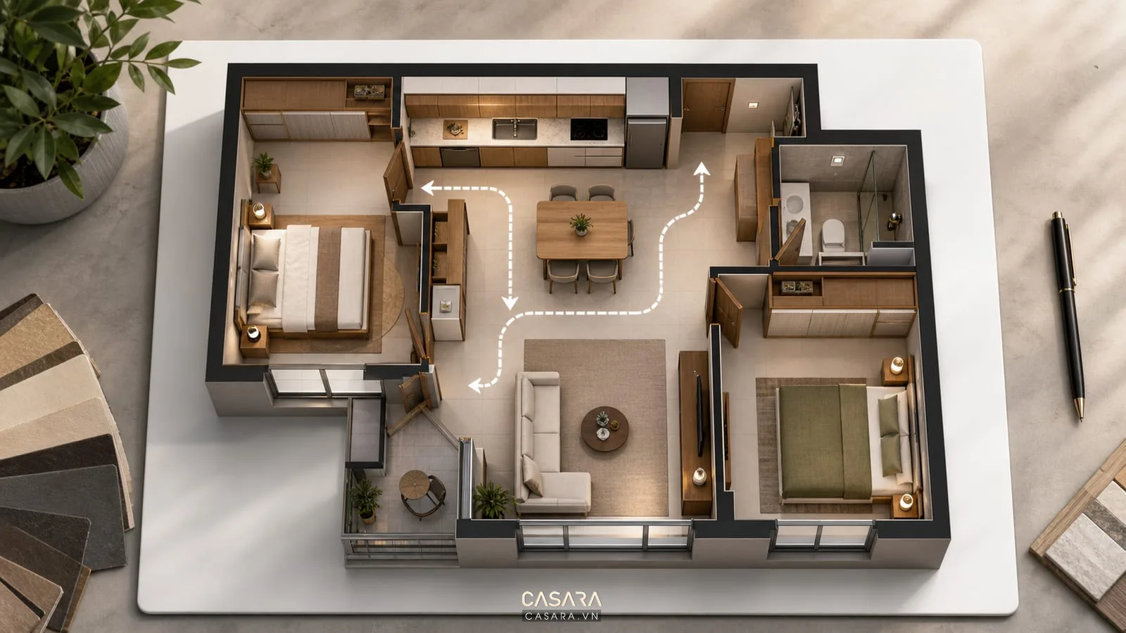 mặt bằng thiết kế chung cư 64m2 với luồng di chuyển rõ ràng