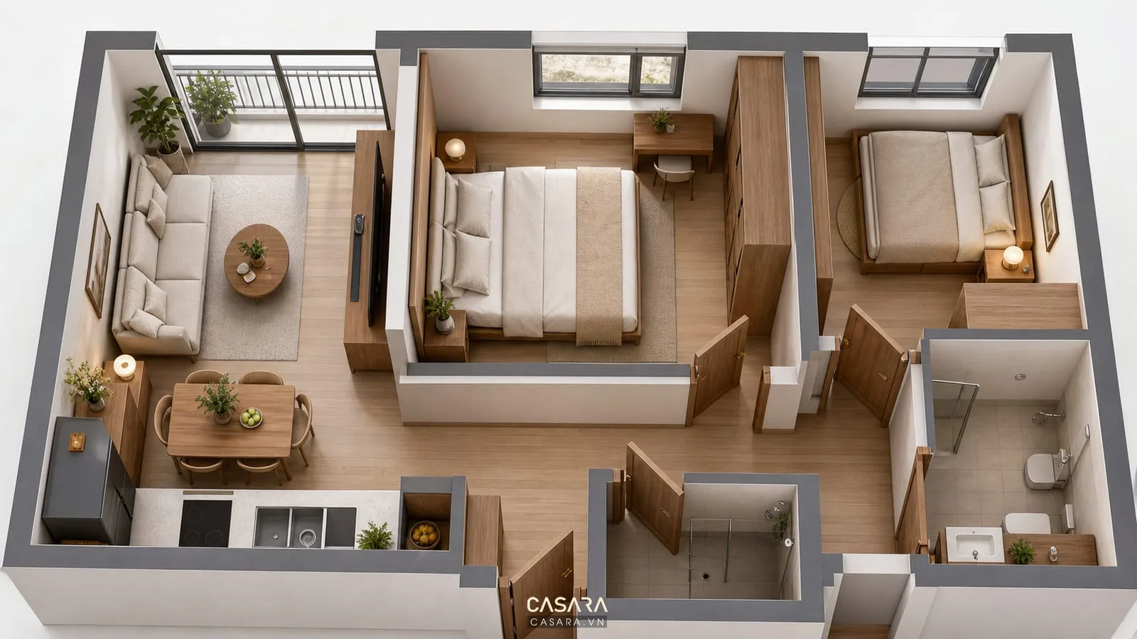 mặt bằng thiết kế chung cư 65m2 với phòng ngủ, giường đôi, tủ quần áo, bàn làm việc và lối đi