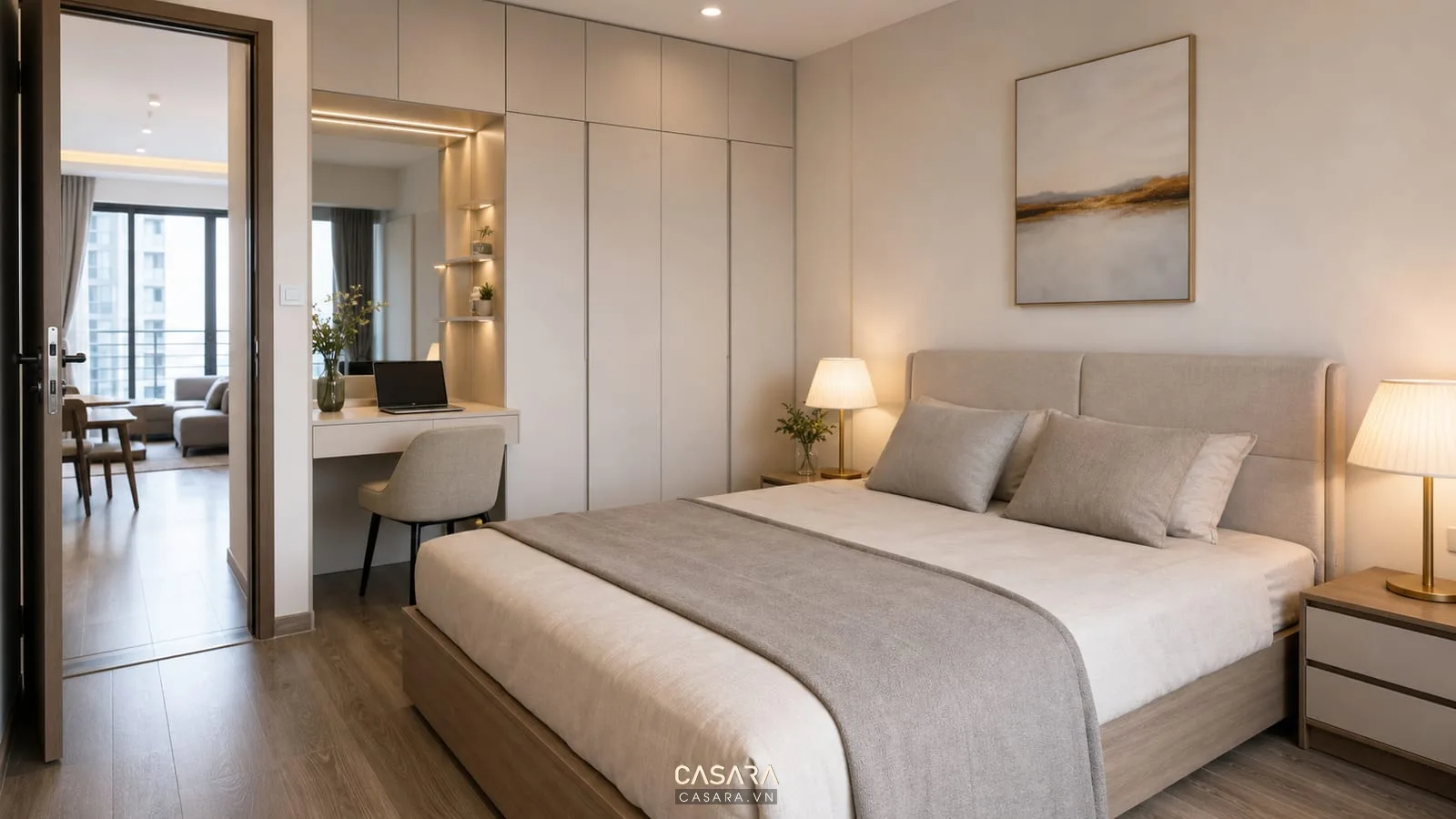 phòng ngủ trong thiết kế chung cư 65m2 với tủ quần áo cao sát trần, bàn trang điểm và giường bọc nệm