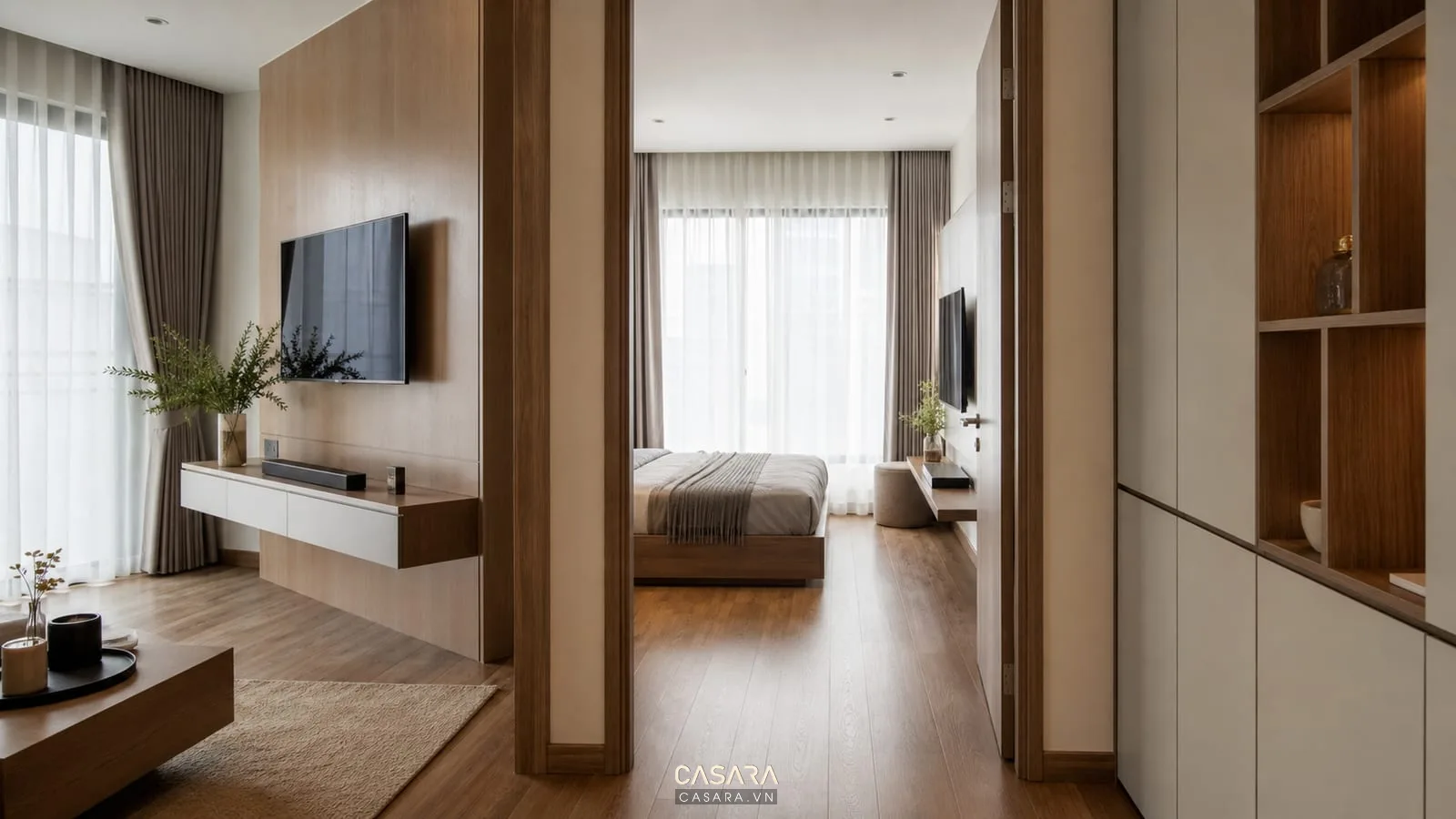 thiết kế chung cư 65m2 với phòng ngủ đồng bộ phòng khách, sàn gỗ, rèm sáng, tủ âm tường và kệ tivi mỏng