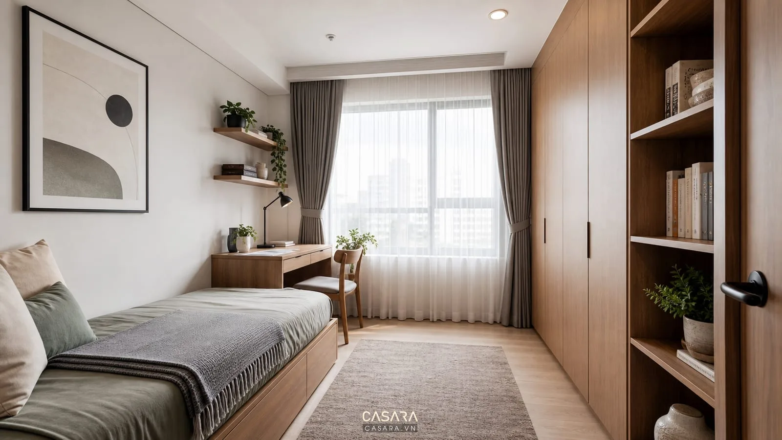 phòng ngủ phụ đa năng trong thiết kế chung cư 65m2 với giường đơn, bàn làm việc, tủ áo và kệ sách