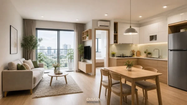 Căn hộ 66m2 có phòng khách liền bếp, bàn ăn gỗ và ban công lớn
