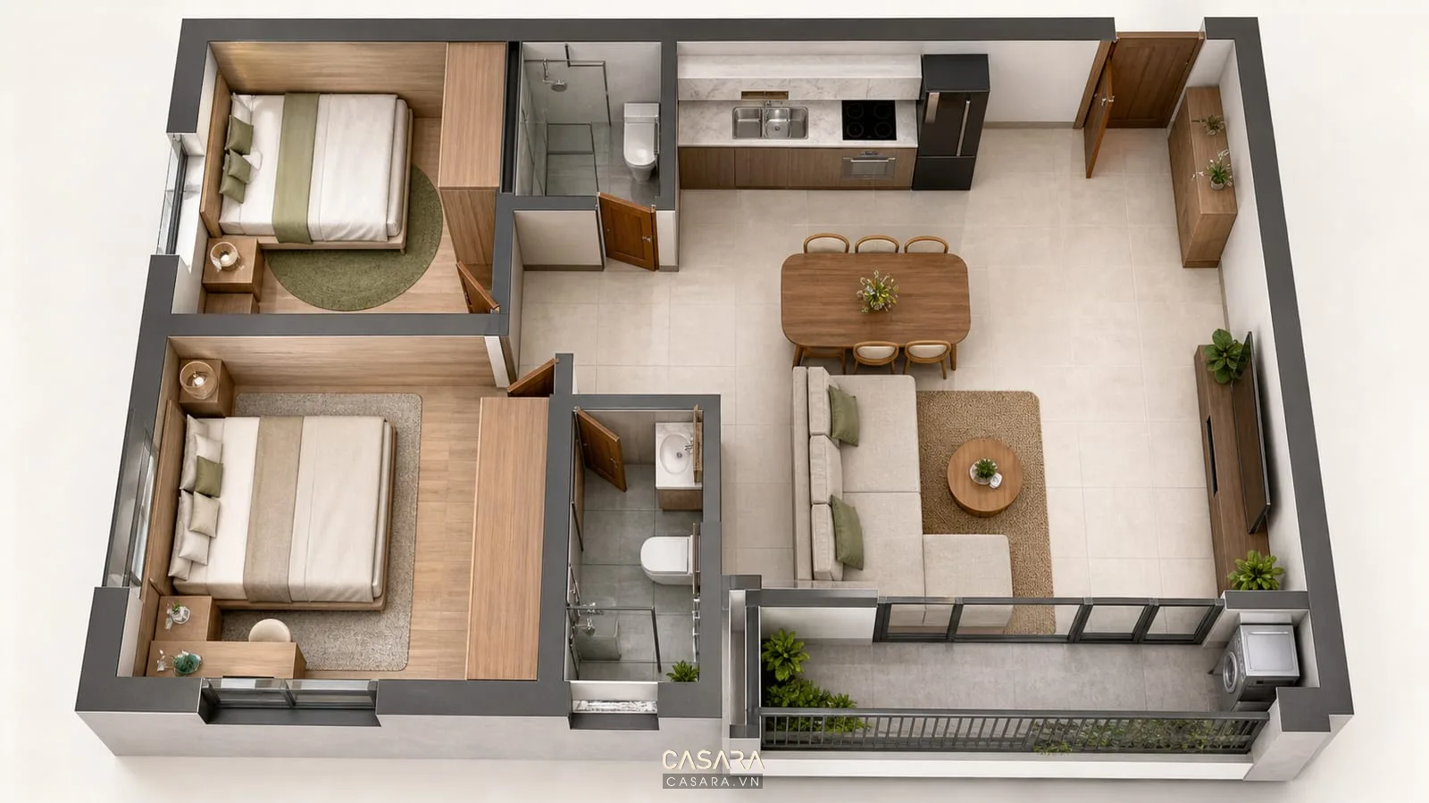 Mặt bằng thiết kế chung cư 66m2 có logia và hai phòng ngủ